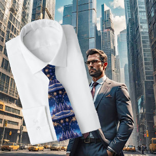 Magical Christmas time - golden snowflakes on blue Tie