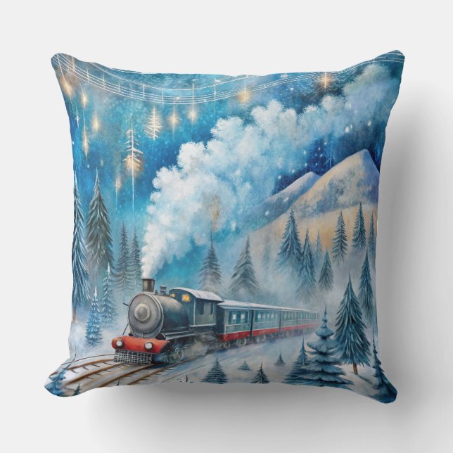 Magical Christmas Train Pillow – Vintage Winter (Front)