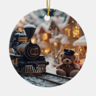 Magical Christmas Train Scene with Teddy Bear  Ceramic Tree Decoration