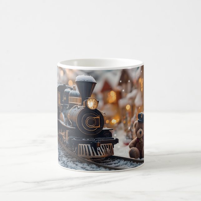 Magical Christmas Train Scene with Teddy Bear  Coffee Mug (Center)