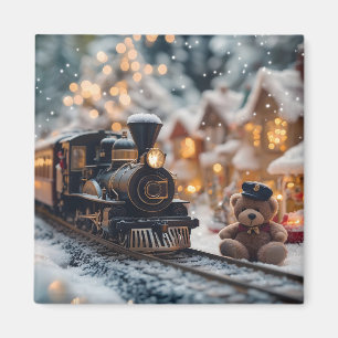 Magical Christmas Train Scene with Teddy Bear Magnet