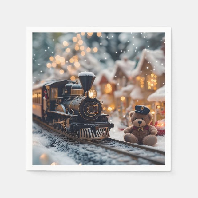 Magical Christmas Train Scene with Teddy Bear  Napkin (Front)