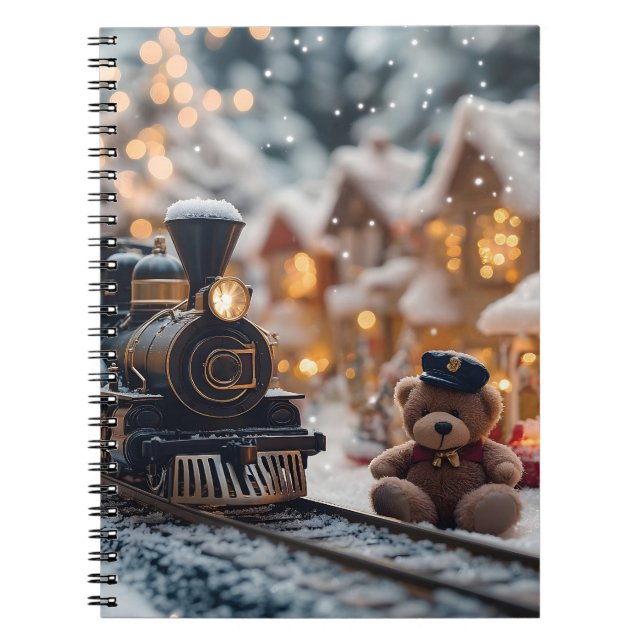 Magical Christmas Train Scene with Teddy Bear  Notebook (Front)
