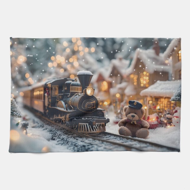 Magical Christmas Train Scene with Teddy Bear  Tea Towel (Horizontal)