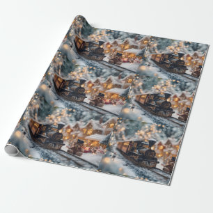 Magical Christmas Train Scene with Teddy Bear Wrapping Paper