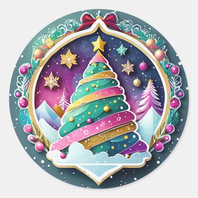Magical Christmas Tree  Classic Round Sticker (Front)