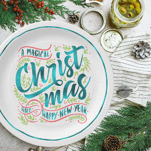Magical Christmas Typography Teal ID441 Paper Plate