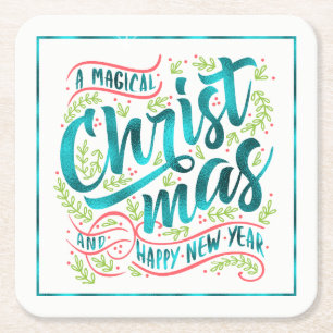 Magical Christmas Typography Teal ID441 Square Paper Coaster