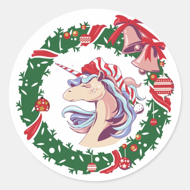 Magical Christmas Unicorn      Classic Round Sticker (Front)