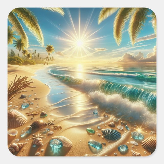 Magical Coastline with Blue Waves and Sea Glass Square Sticker (Front)