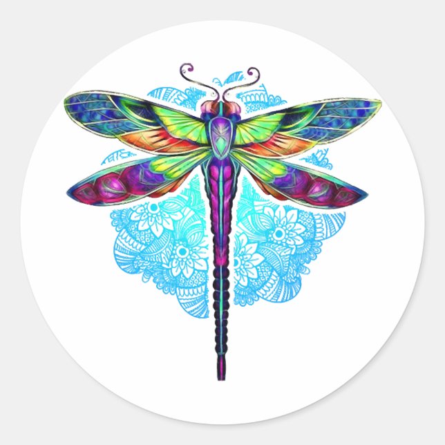 Magical Colourful Dragonfly Mandala    Classic Round Sticker (Front)