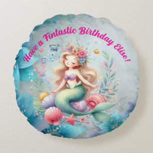 Magical colourful Mermaid Fintastic Birthday Gift Round Cushion