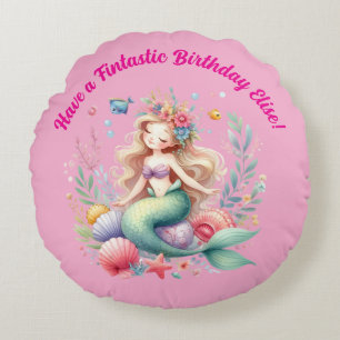 Magical colourful Mermaid Fintastic Birthday Gift Round Cushion