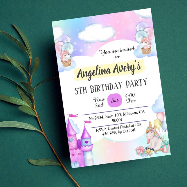 Magical colourful purple blue Unicorn 5th Birthday Invitation (Creator Uploaded)