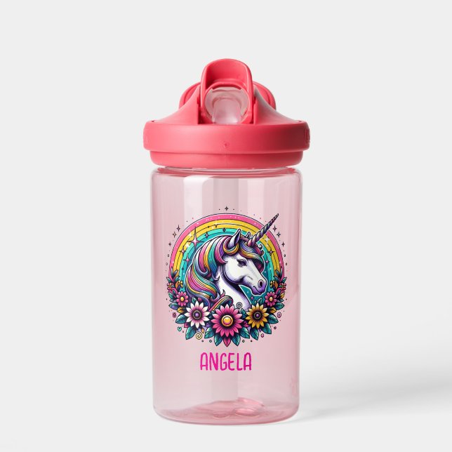 Magical Colourful Unicorn and Rainbow Personalised Water Bottle (Front)