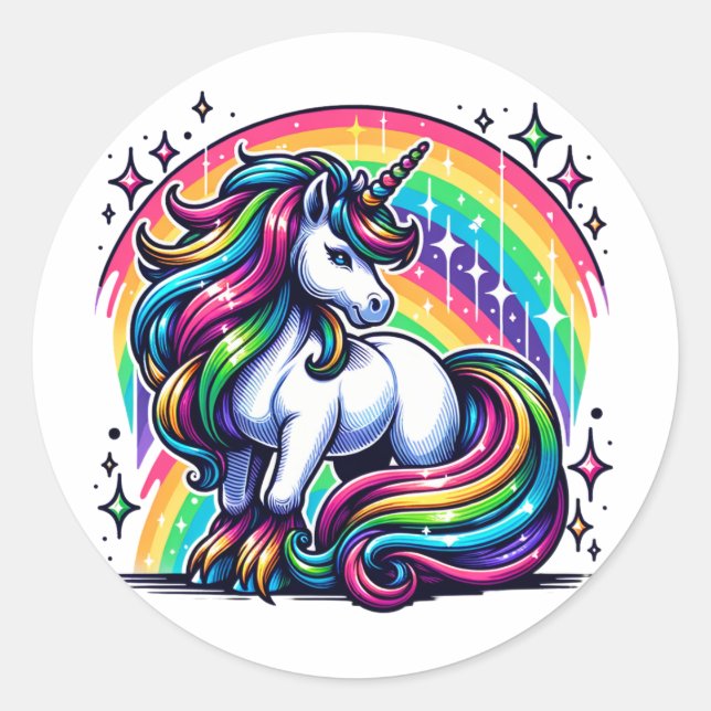 Magical Colourful Unicorn and Rainbow Sparkles Classic Round Sticker (Front)