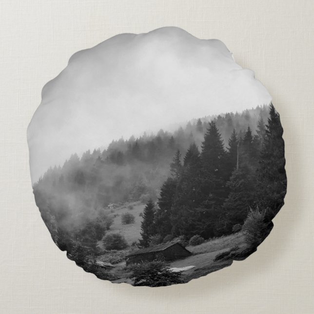 Magical, cool nature in fog round cushion (Back)