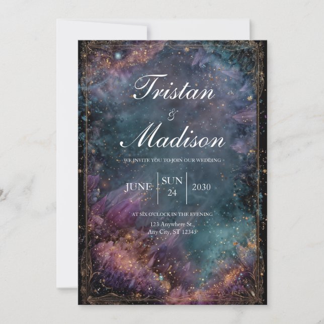Magical Cosmic Gold Dust Starry Night Wedding Invitation (Front)