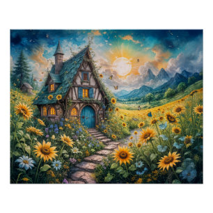 Magical Cottage with Sunflower Field Poster