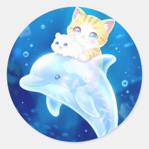 Magical Crystal Dolphin Ride: Cat & Hamster Classic Round Sticker