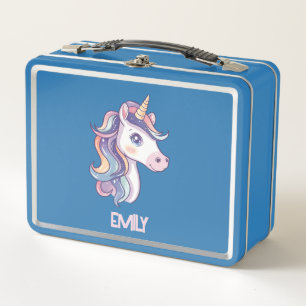Magical Cute Sparkly Pastel Unicorn with Kids Name Metal Lunch Box