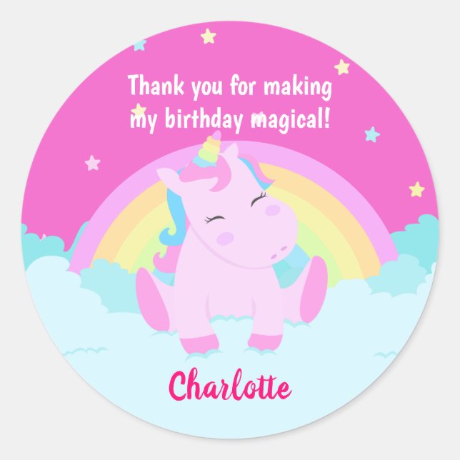 Magical Cute Unicorn Birthday Classic Round Sticker (Front)