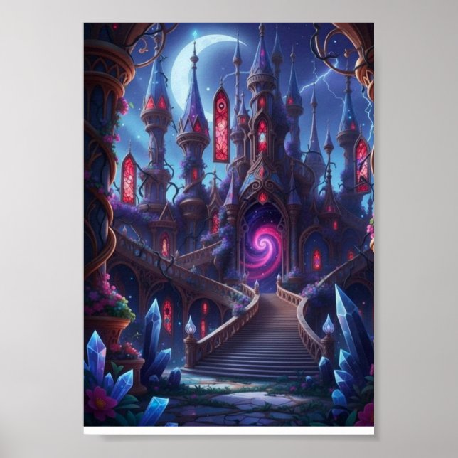 Magical Dark Fantasy Castle Glowing Portal Poster (Front)