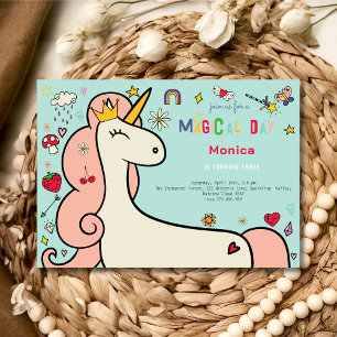 Magical day cute cartoon unicorn kids birthday invitation