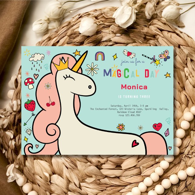 Magical day cute cartoon unicorn kids birthday invitation (Creator Uploaded)
