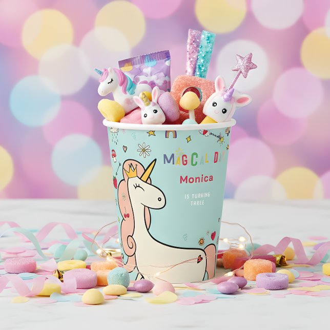 Magical day cute cartoon unicorn kids birthday paper cups (Creator Uploaded)