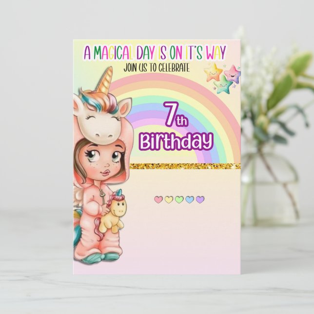 Magical Day Unicorn 7th Birthday invitation (Standing Front)