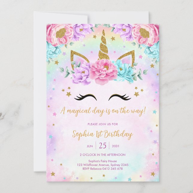 Magical Day Unicorn and Rainbows Birthday Invitation (Front)