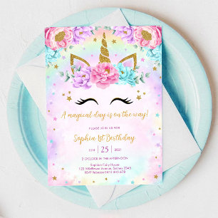 Magical Day Unicorn and Rainbows Birthday Invitation