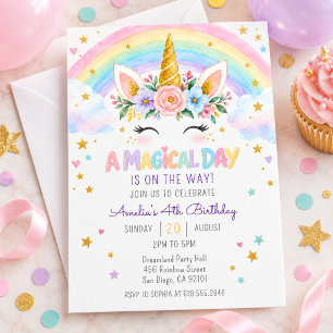 Magical Day Unicorn Rainbow 4th Birthday Invitation