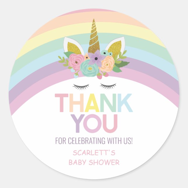 Magical Day Unicorn Rainbows Baby Shower Favour Classic Round Sticker (Front)