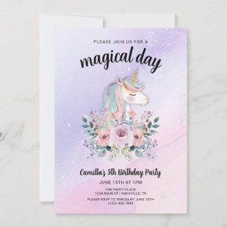 Magical Day Unicorns and Flowers Birthday Party Invitation