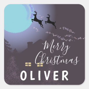 Magical Deer at Night Name Christmas Square Sticker