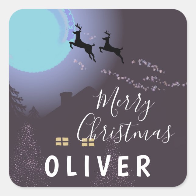 Magical Deer at Night Name Christmas Square Sticker (Front)