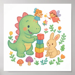 Magical Dino & Bunny – Cute Fairy Tale Friends Pos Poster