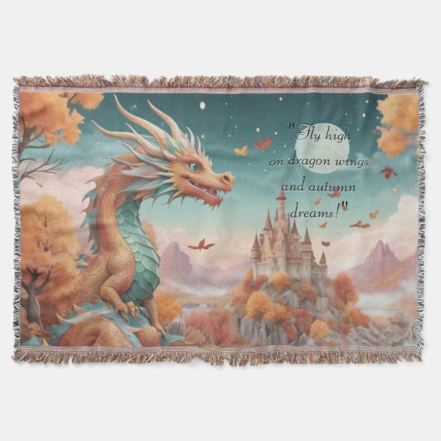 Magical Dragon Autumn Starry Night Typography Throw Blanket (Front)