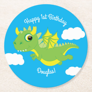Magical Dragon Cute 1st Birthday Party Coasters