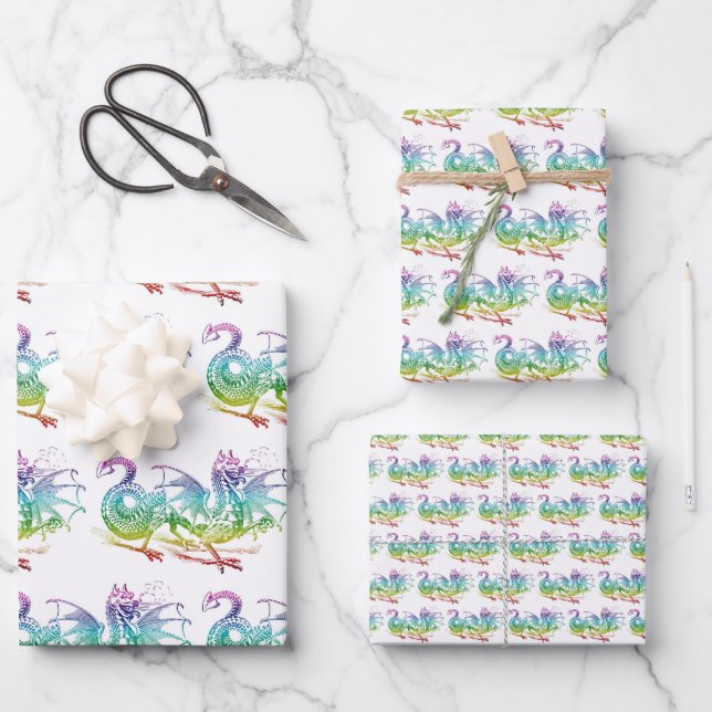 Magical Dragon Pastel Pattern Theme Wrapping Paper Sheet (Front)