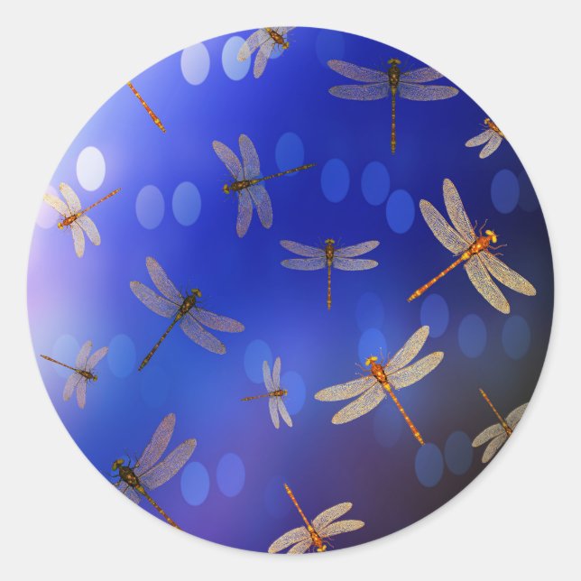 Magical Dragonflies On Blue, Classic Round Sticker (Front)