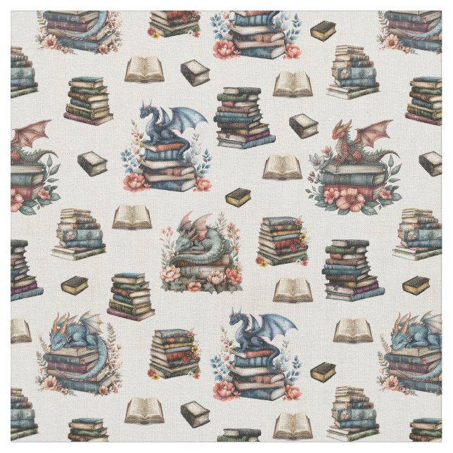 Magical Dragons & Books on Beige Fabric (Close Up)