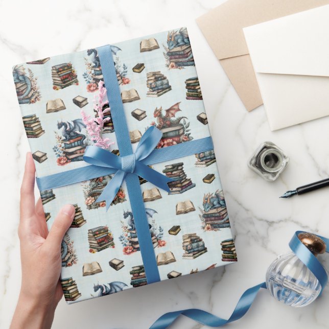 Magical Dragons & Books on Light Green Wrapping Paper (Gifting)