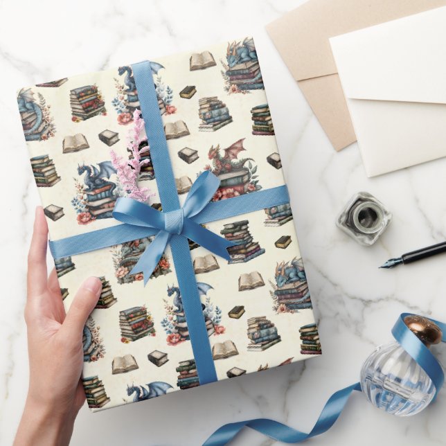Magical Dragons & Books on Light Yellow Wrapping Paper (Gifting)