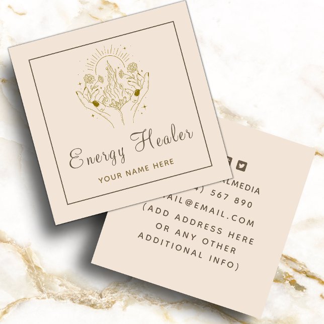 Magical Drawn Healing Hands Medium Neutral Beige Square Business Card (Creator Uploaded)