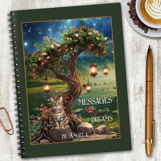 Magical Dream Cat Night Notebook (Magical notebook featuring a cute tabby cat sitting under a lantern-lit tree at night)