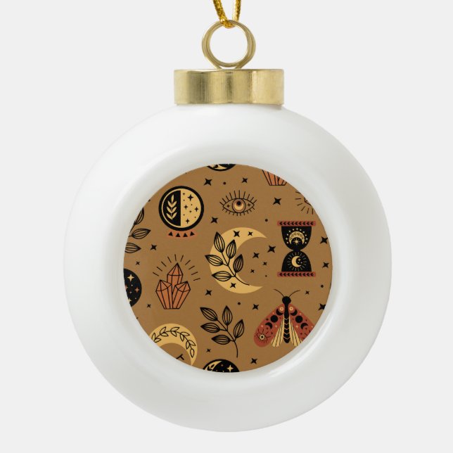 Magical Elements: Enchanting Seamless Pattern Ceramic Ball Christmas Ornament (Front)