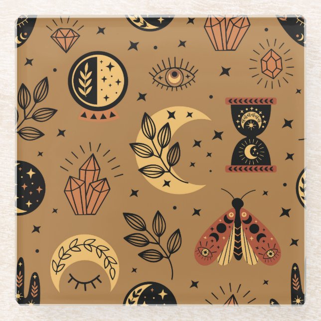 Magical Elements: Enchanting Seamless Pattern Glass Coaster (Front)